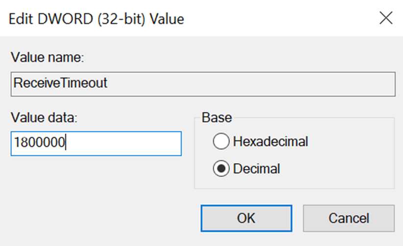 Decimal base selected, with 1800000 inputted in value data